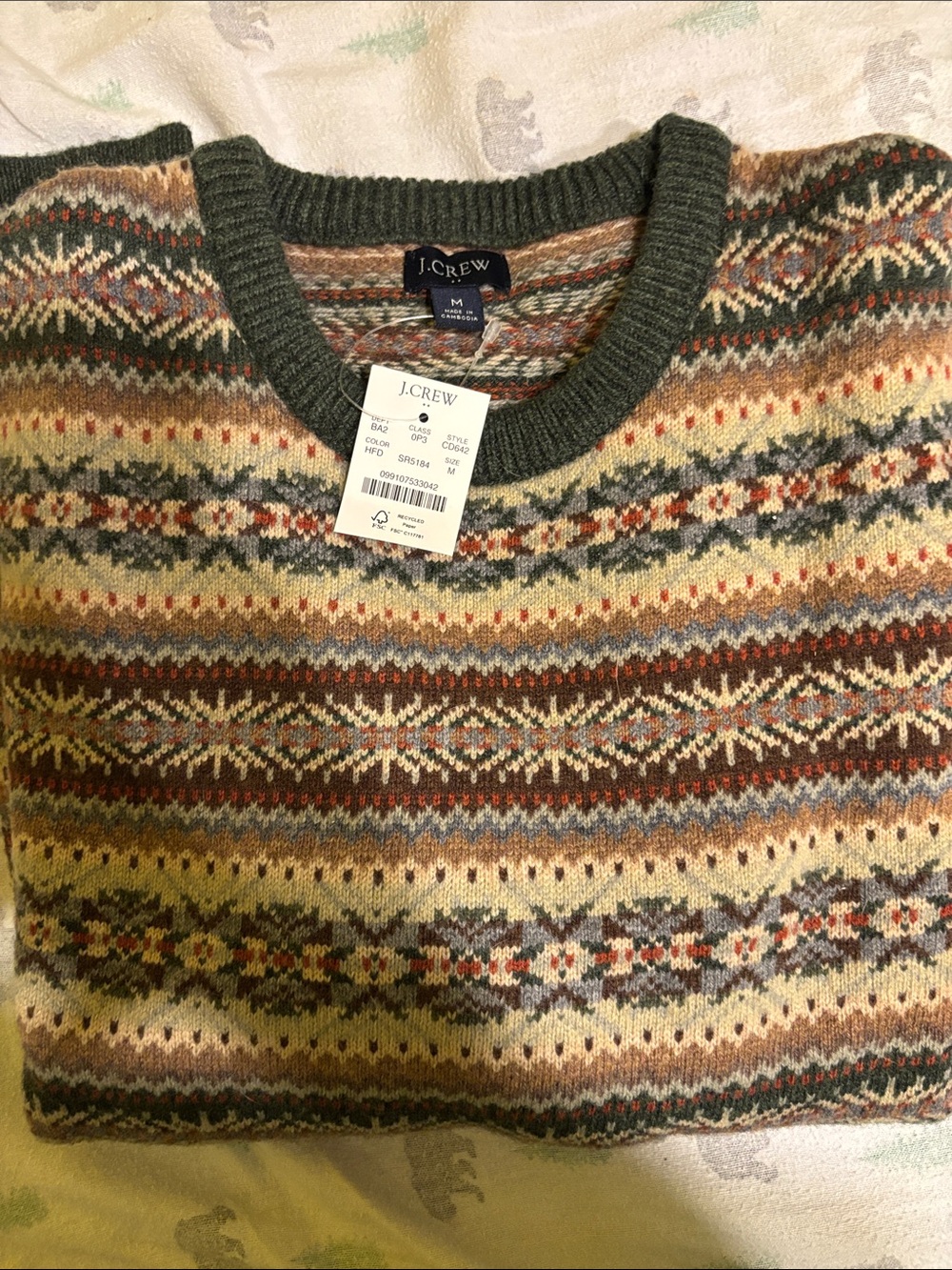 J. Crew Men’s Multi-Color Fair Isle Crewneck Sweater - Green Trim